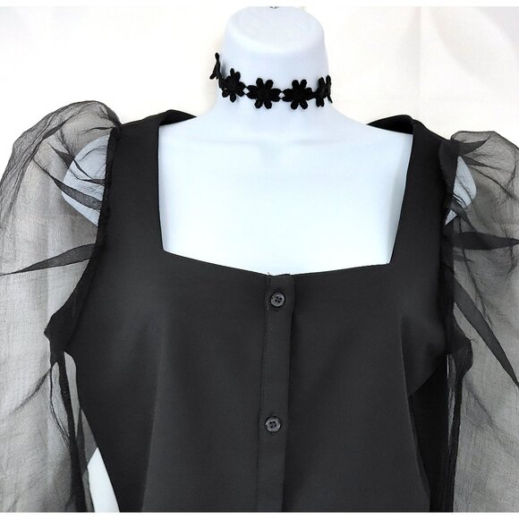 Cropped Organza Puff Sleeve Blouse Black Square Neck Button Front M L Nasty Gal - Picture 6 of 9
